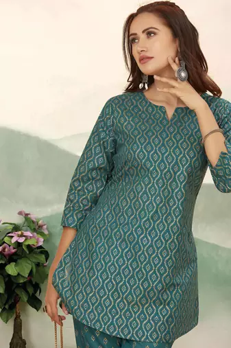 Teal green ethnic print cotton blend co-ord set for women