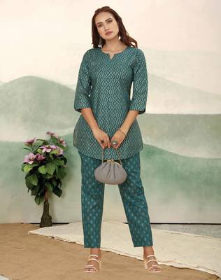 Teal green ethnic print cotton blend co-ord set for women 5
