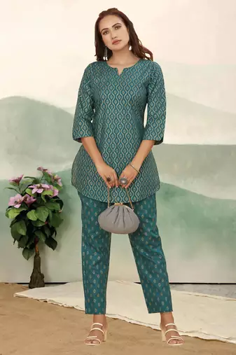 Teal green ethnic print cotton blend co-ord set for women