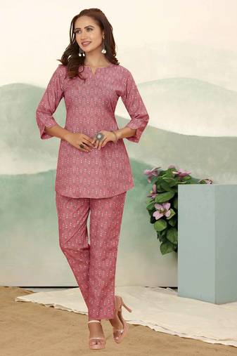Pink ethnic print cotton blend co-ord set for women