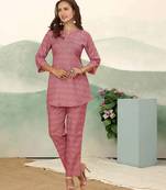 Pink ethnic print cotton blend co-ord set for women