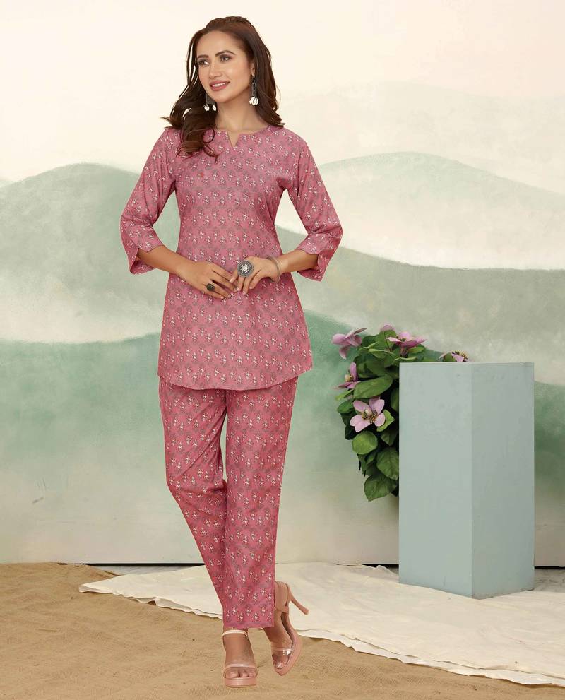 Pink ethnic print cotton blend co-ord set for women
