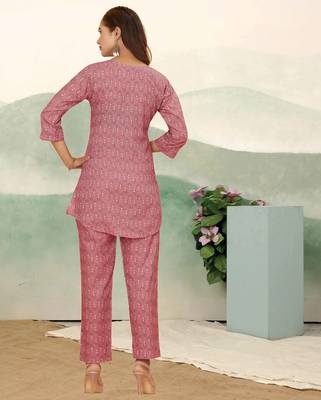 Pink ethnic print cotton blend co-ord set for women 2