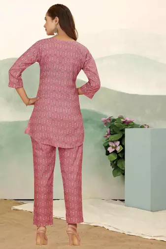 Pink ethnic print cotton blend co-ord set for women