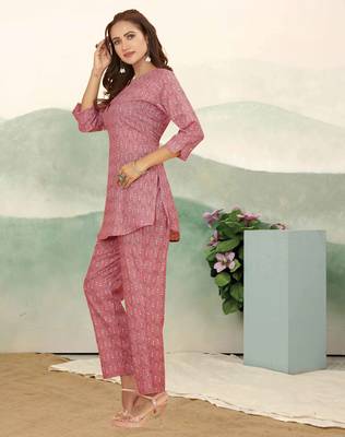 Pink ethnic print cotton blend co-ord set for women 3
