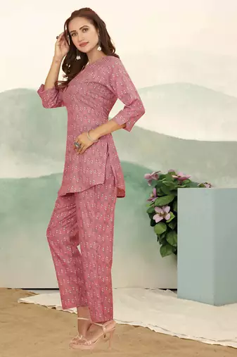 Pink ethnic print cotton blend co-ord set for women
