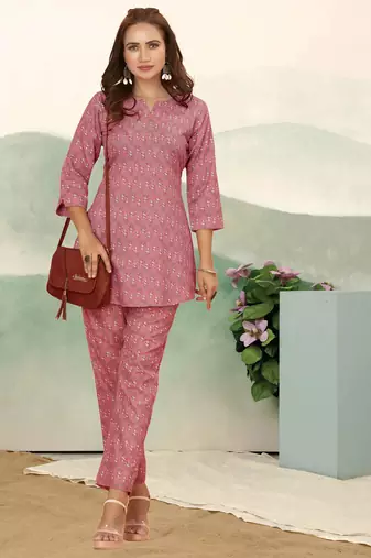 Pink ethnic print cotton blend co-ord set for women
