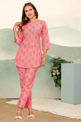 Pink floral print cotton blend co-ord set for women