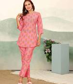 Pink floral print cotton blend co-ord set for women