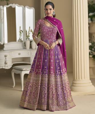 women s embroidered georgette anarkali with dupatta 1