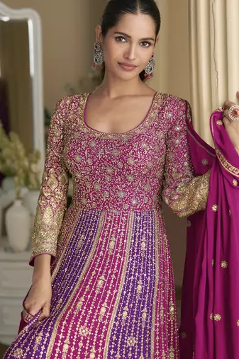 women s embroidered georgette anarkali with dupatta