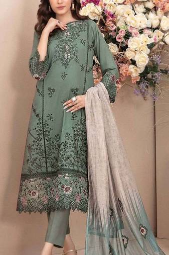 Green embroidered cotton semi-stitched pakistani salwar suit