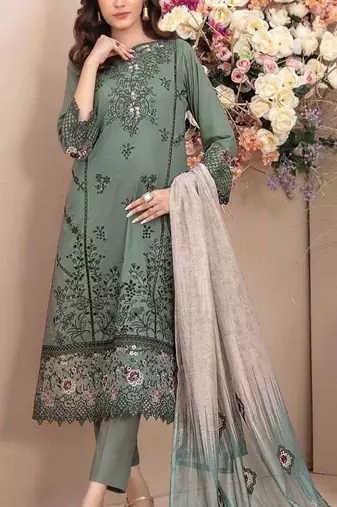 Green embroidered cotton semi-stitched pakistani salwar suit