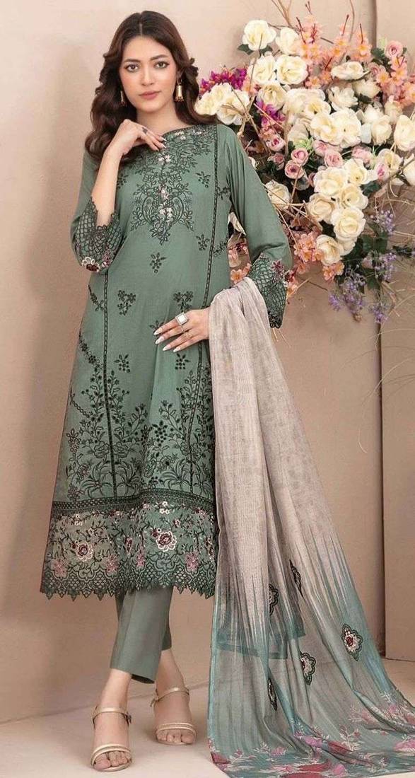 Green embroidered cotton semi-stitched pakistani salwar suit