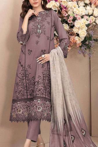 Mauve embroidered cotton semi-stitched pakistani salwar suit