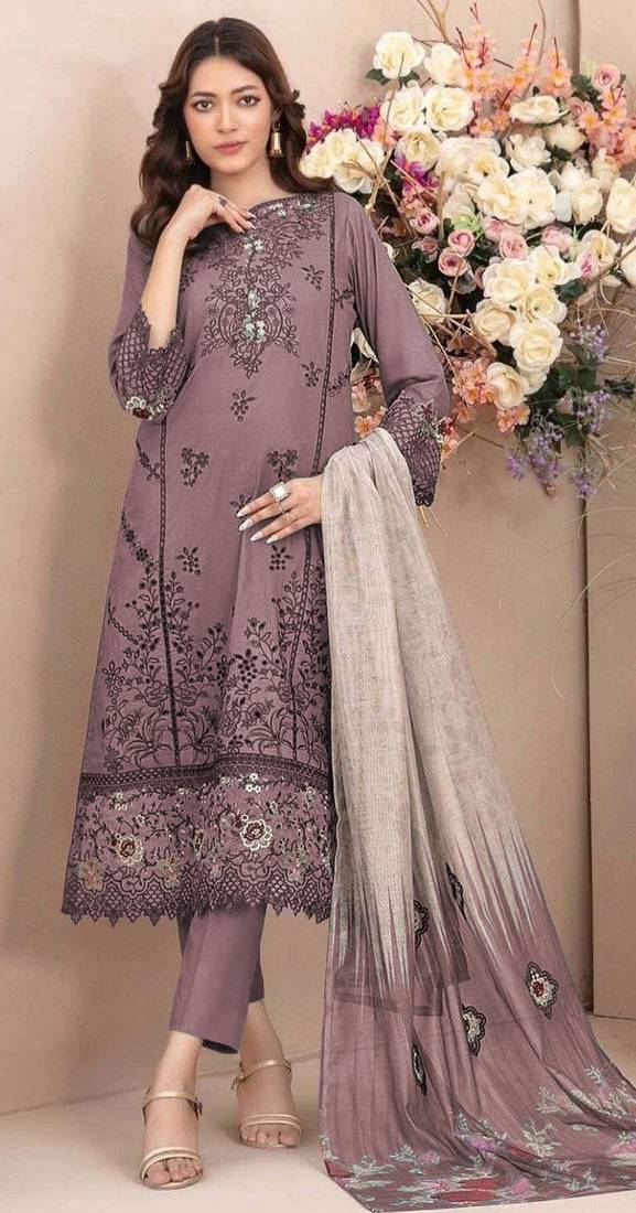 Mauve embroidered cotton semi-stitched pakistani salwar suit