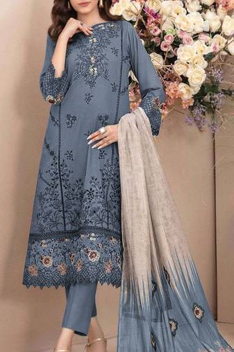 Blue embroidered cotton semi-stitched pakistani salwar suit