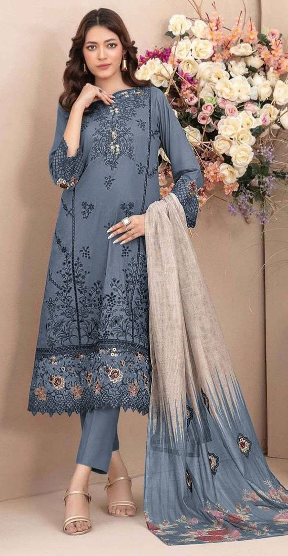 Blue embroidered cotton semi-stitched pakistani salwar suit