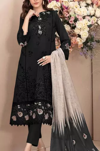 Black embroidered cotton semi-stitched pakistani salwar suit