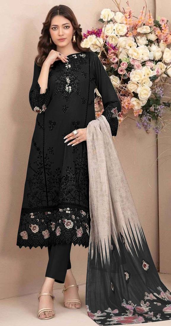 Black embroidered cotton semi-stitched pakistani salwar suit