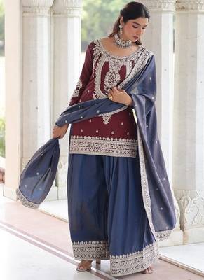 Yellow zari & sequins embroidered vichitra silk kurta,sharara & dupatta 5