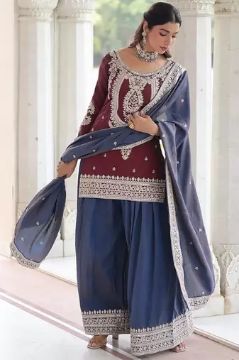 Yellow zari & sequins embroidered vichitra silk kurta,sharara & dupatta