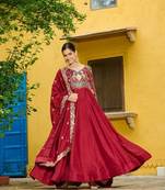 Maroon zari & sequins embroidered work vichitra silk stitched kurta & dupatta set