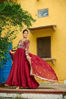 Maroon zari & sequins embroidered work vichitra silk stitched kurta & dupatta set 2