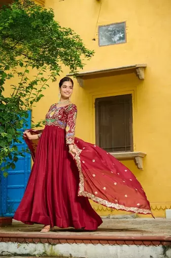 Maroon zari & sequins embroidered work vichitra silk stitched kurta & dupatta set