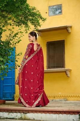 Maroon zari & sequins embroidered work vichitra silk stitched kurta & dupatta set 3
