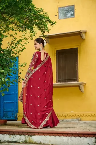 Maroon zari & sequins embroidered work vichitra silk stitched kurta & dupatta set