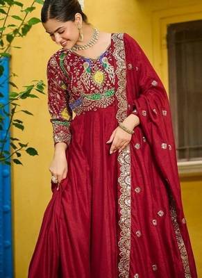Maroon zari & sequins embroidered work vichitra silk stitched kurta & dupatta set 4