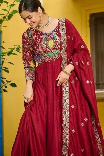 Maroon zari & sequins embroidered work vichitra silk stitched kurta & dupatta set