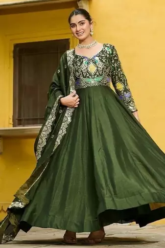 Green zari & sequins embroidered work vichitra silk stitched kurta & dupatta set