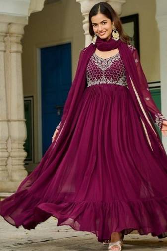 Wine zari & sequins embroidered work georgette stitched kurta & dupatta set
