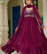 Wine zari & sequins embroidered georgette kurta & dupatta set
