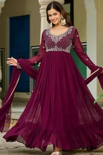 Wine zari & sequins embroidered georgette kurta & dupatta set