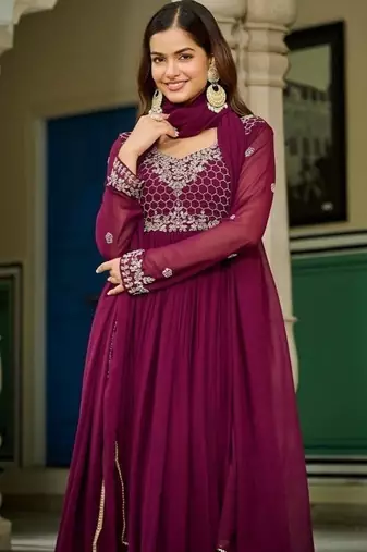 Wine zari & sequins embroidered georgette kurta & dupatta set