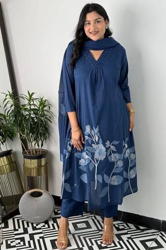 Floral embroidered blue v neck cotton kurta set with trouser & dupatta