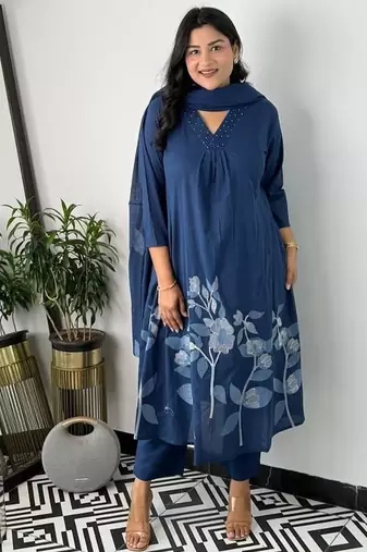 Floral embroidered blue v neck cotton kurta set with trouser & dupatta