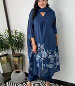 Floral embroidered blue v neck cotton kurta set with trouser & dupatta
