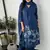 Floral embroidered blue v neck cotton kurta set with trouser & dupatta