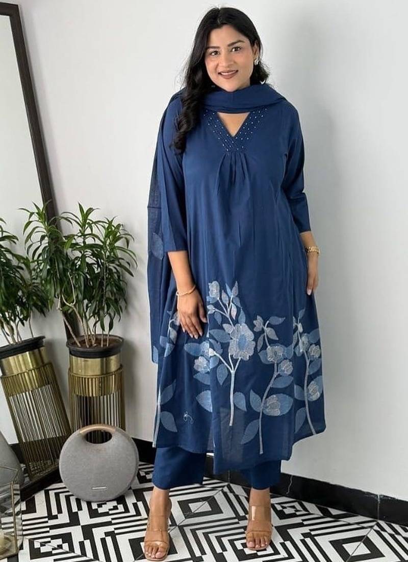 Floral embroidered blue v neck cotton kurta set with trouser & dupatta