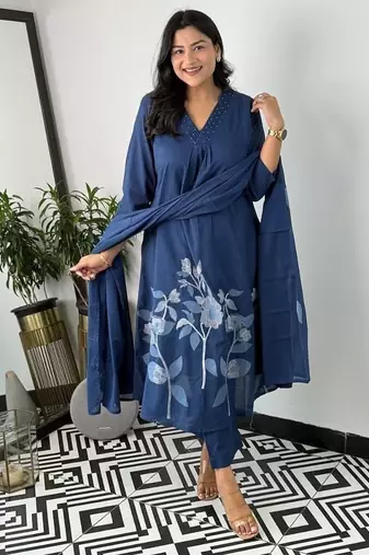 Floral embroidered blue v neck cotton kurta set with trouser & dupatta