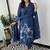 Floral embroidered blue v neck cotton kurta set with trouser & dupatta