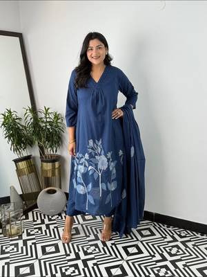 Floral embroidered blue v neck cotton kurta set with trouser & dupatta 3