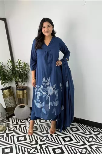 Floral embroidered blue v neck cotton kurta set with trouser & dupatta