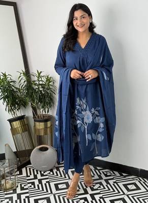 Floral embroidered blue v neck cotton kurta set with trouser & dupatta 4