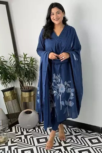 Floral embroidered blue v neck cotton kurta set with trouser & dupatta