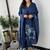 Floral embroidered blue v neck cotton kurta set with trouser & dupatta